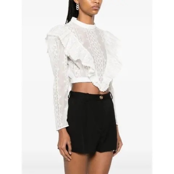 Sandro Ladies Lace Blouse Round Neck Ruffle Long Sleeve Top - Picture 2 of 11